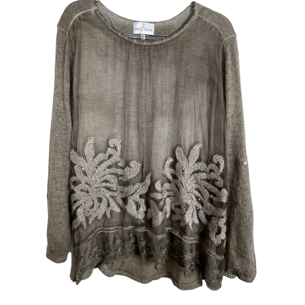 Belle France Silk Tunic M Taupe Embroidered Shabby Chic Layered Lagenlook Italy